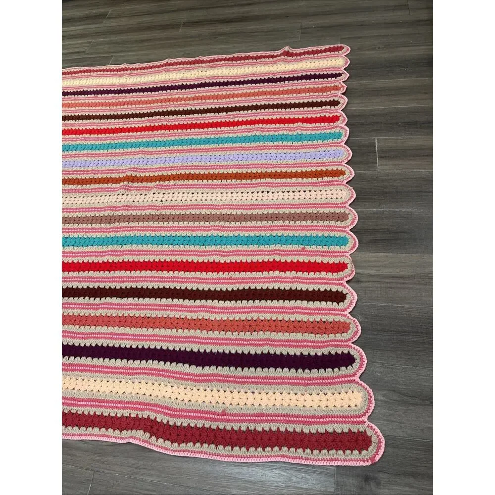 VTG 70s Handmade Crochet Afghan Blanket Striped Pink Retro Boho 65 X 79